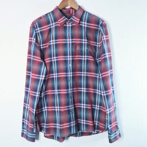 Armani Exchange Mens Italian Fabric Red Blue Plaid Button Up Shirt Size Large